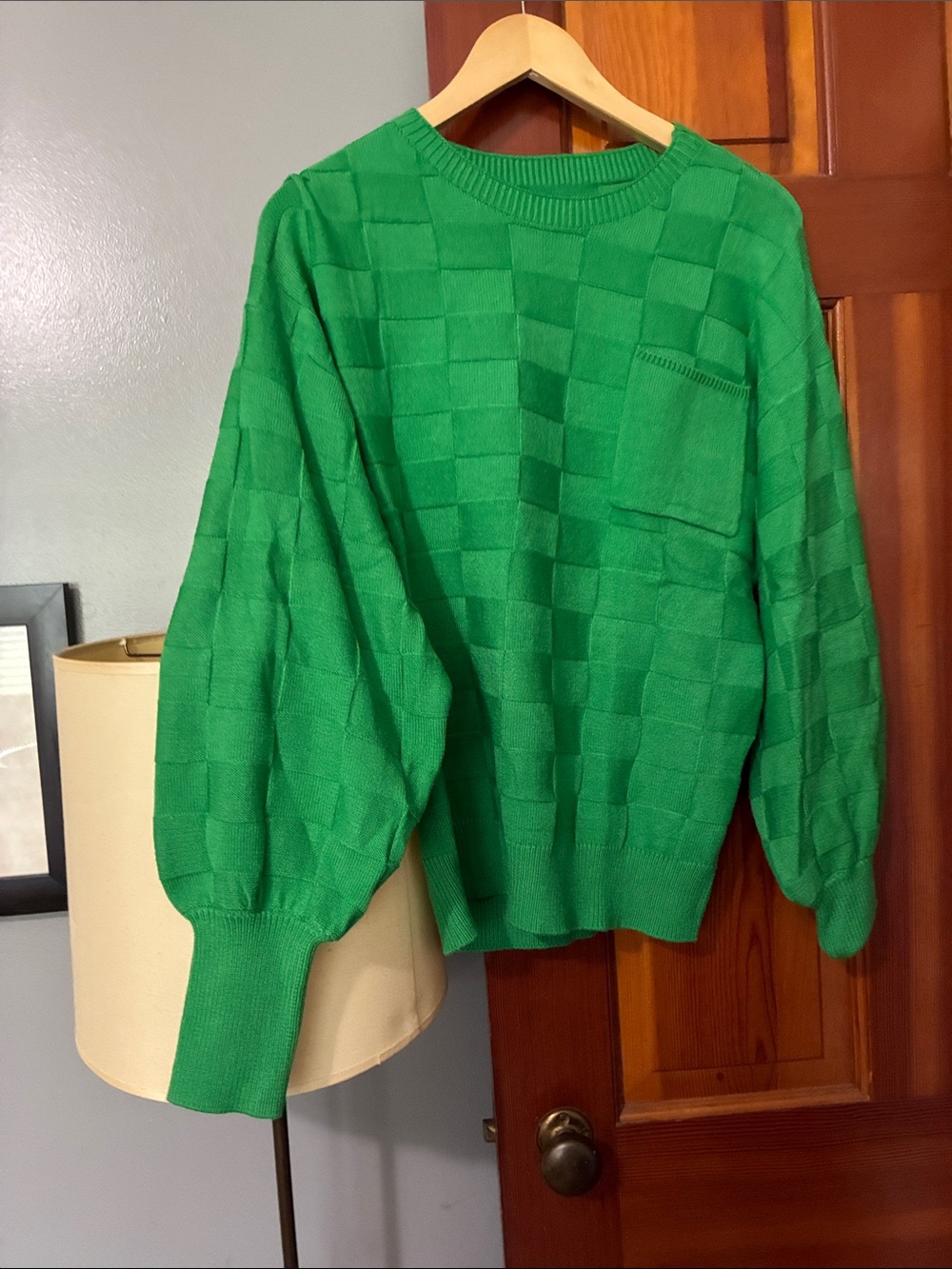 Green Women's Check Knit Sweater with Pocket
